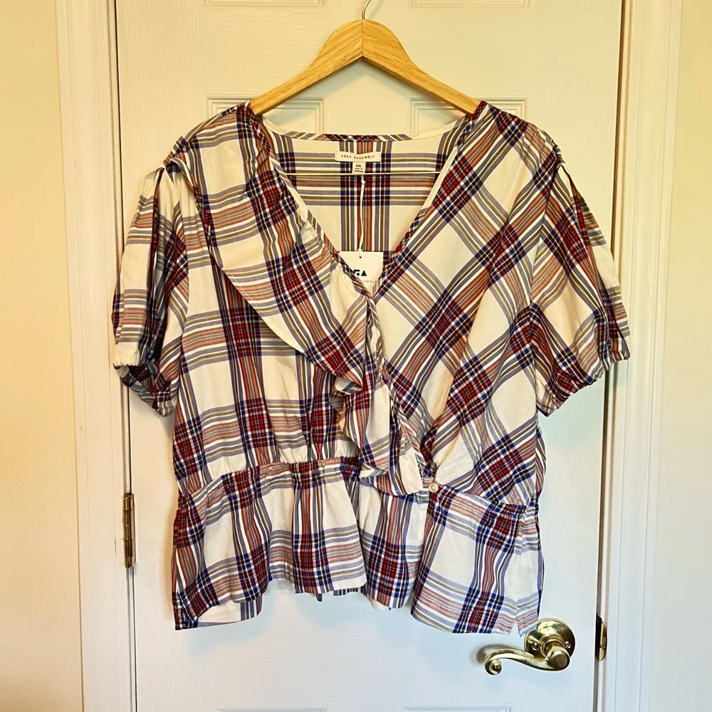 Free Assembly Women’s Plaid Ruffle Wrap Top Blouse Size XXL Curvy - Picture 2 of 10